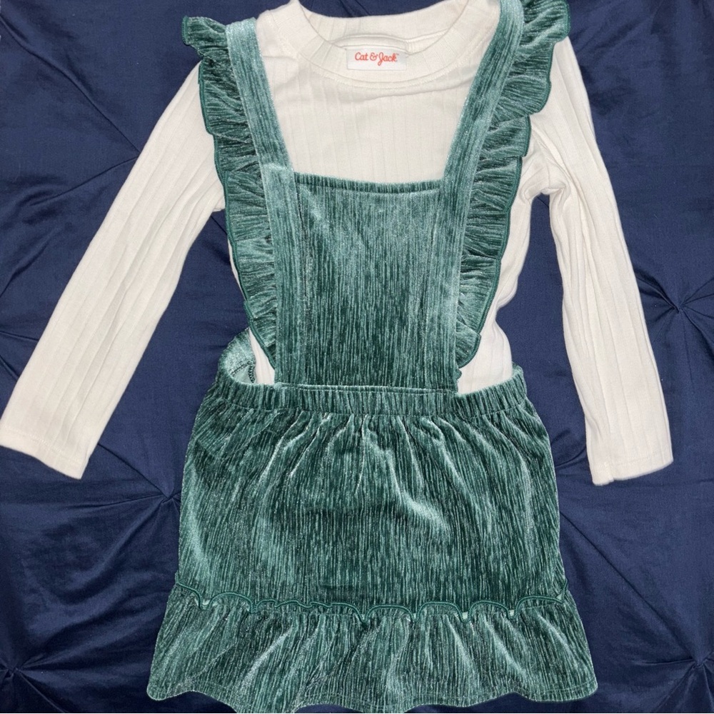 - Cat & Jack Teal Velvet Pinafore with White Top